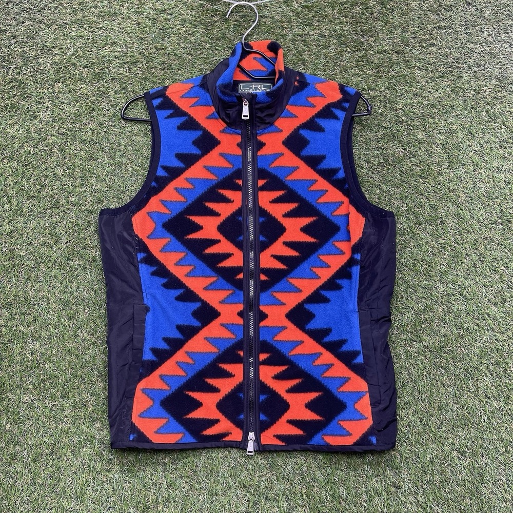 Ralph Lauren Active Fleece Vest Womens Large Aztec AOP Zip Up Blue Orange
